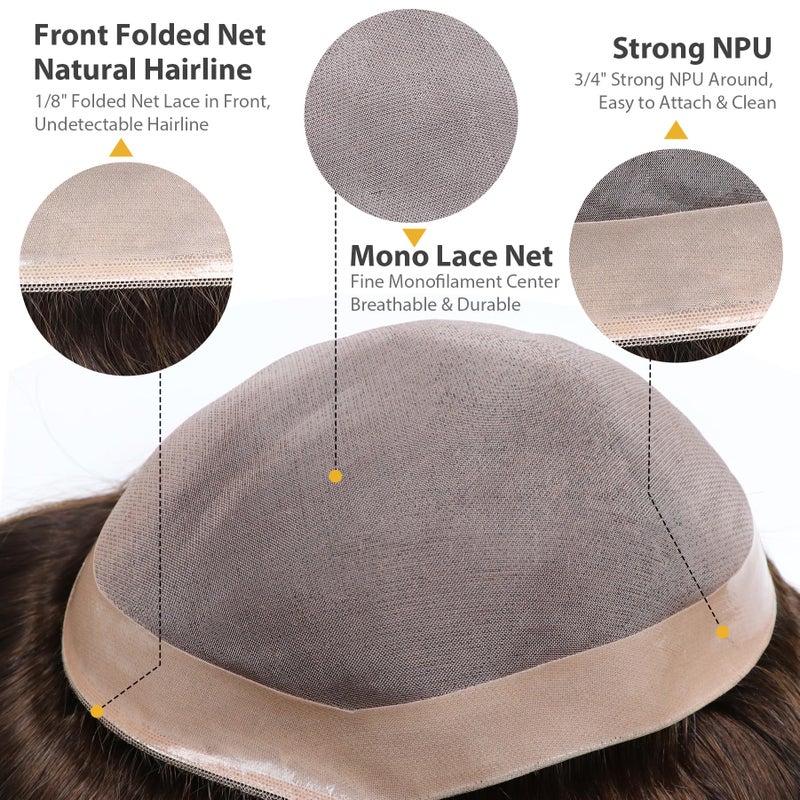lumeng Mens Piece Replacement Unit Real Mono Lace Brown Color 4# Toupee Human Hair 7x9 Inch 6 Inch Length System Human Hair Toupee for Men Durable Base For Thinning European Hair Units Patch - Image 2